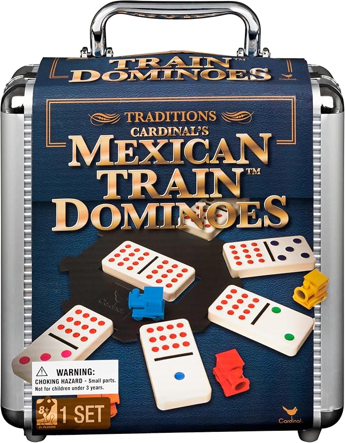 Spin Master Games, Mexican Train Dominoes Set in Aluminum Carry Case, Includes Colorful Trains for Fun-Filled Family Game Night, for Kids & Family, 2-8 Players, for Ages 8 & Up