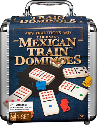 Spin Master Games, Mexican Train Dominoes Set in Aluminum Carry Case, Includes Colorful Trains for Fun-Filled Family Game Night, for Kids & Family, 2-8 Players, for Ages 8 & Up