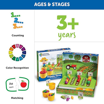 Learning Resources Veggie Farm Sorting Set - 46 Pieces, Ages 3+ Toddler Learning Toys, Preschool Toys for Color Sorting, Food Sorting Game