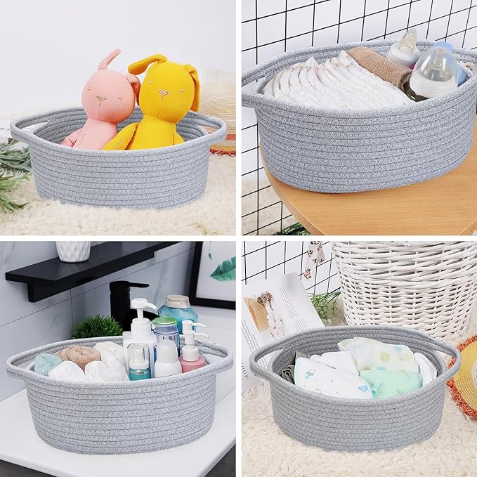 ABenkle Small Basket, 12"x 8" x 5" Cute Small Woven Basket, Rope Room Shelf Storage Basket, Cat Dog Toys Basket Chest Box, Decorative Empty Gift Basket with Handles - All Gray