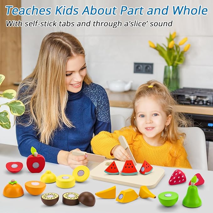 Cutting Fruit Set - Wooden Play Food Kitchen Accessory, Multi - Pretend Play Accessories, Wooden Cutting Fruit Toys for Toddlers and Kids Ages 3+