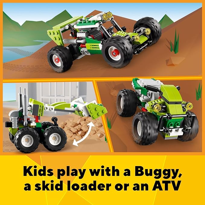 LEGO Creator 3 in 1 Off-Road Buggy, Transforms to 3 Different Construction Vehicles from Skid Loader Digger to ATV Car Toy to Off-Roader, Construction Set for Kids 7 Plus Years Old, 31123