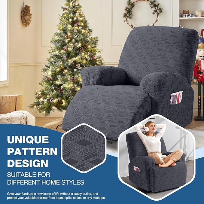 TAOCOCO Recliner Cover 3 Pieces Recliner Chair Covers, Stretch Jacquard Reclining Chair Cover, Furniture Protector Sofa Slipcovers Couch Covers with Elastic Bottom for Kids, Pets (Dark Grey)