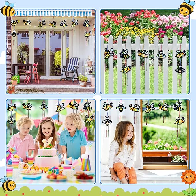 Fennoral 10 Pack Bee Wind Chime Kit for Kids Make You Own Honey Bee Wind Chimes Ornaments DIY Coloring Wooden Art and Craft for Insects Spring Art Activities Birthday Party Decorations