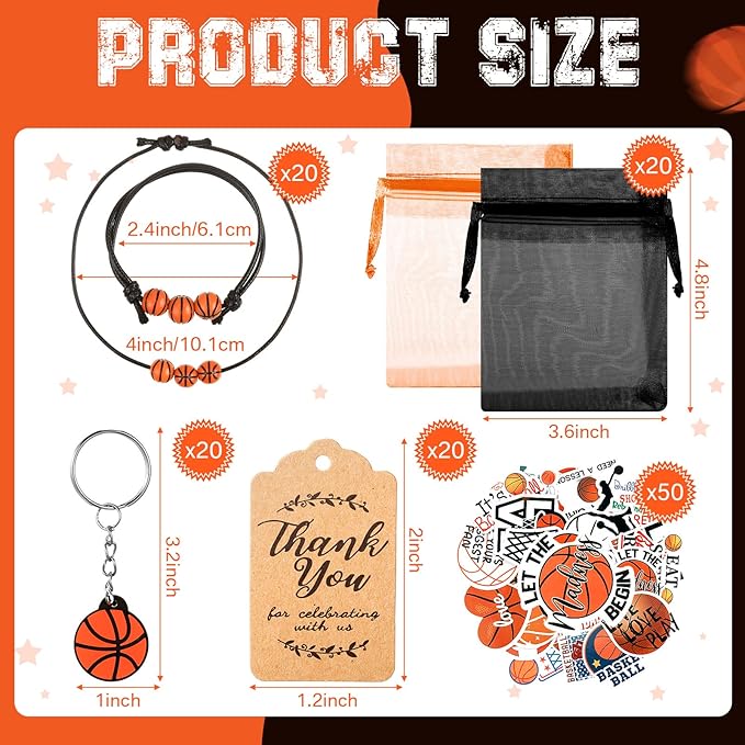 Basketball Party Favor Set Basketball Gift Bulk Charm Bracelets Keychains Sticker Organza Bags Thank You Tags for Basketball Team Party Supplies Boy Girl Classroom Reward Decoration Outdoor(130 Pcs)