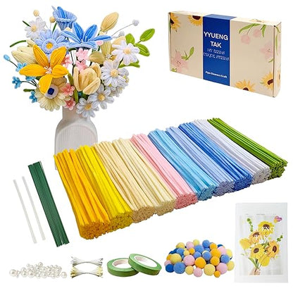 500 Yellow & Blue Pipe Cleaners Flower kit(Candy-Colored),Chenille Stems for DIY Art Projects Creative Gift,Pipe Cleaners Craft with tutoria,Pearls,Pompoms,Green Floral Wires,Stamen