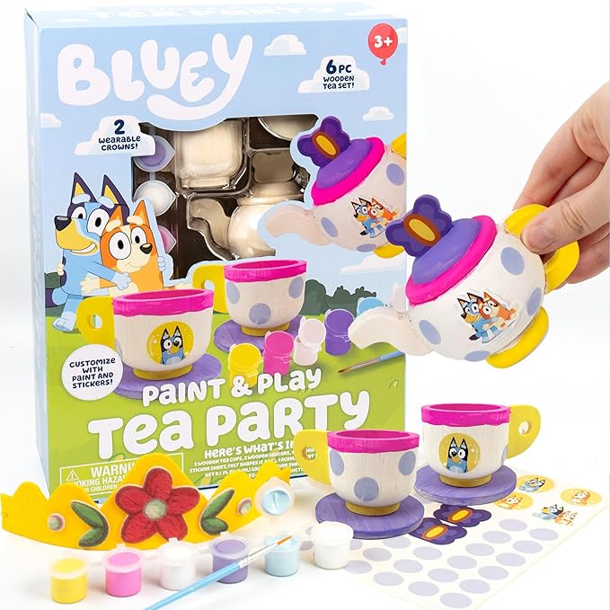 Bluey Paint & Play Tea Party, 6-Piece Wooden Tea Set, Customize with Paint & Bluey Stickers, 2 Wearable Crowns, Fun Toys for Kids, Cute Birthday Party Decorations, Pretend Play Tea Party, Bluey Toys