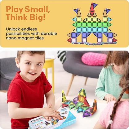 PicassoTiles Nano Tiles Magnetic Building Construction Set with Tin Storage Case Compact Colorful Mini Travel Magnet Tile Playset STEM Educational Learning Classroom Toy Blocks Kids Ages 3+ PN11