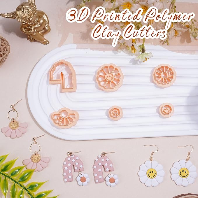 Puocaon Smiley Sunflower Clay Cutters - 6 Pcs Polymer Clay Cutters for Earrings Making, Smiley Face Flower Clay Cutters Set Polymer Clay Jewelry Making, Spring Daisy Earrings Clay Cutters Shape