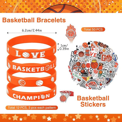 Aoriher 108 Pcs Basketball Party Favors Set Basketball Party Themed Goodie Bag Fillers Mini Basketball Balls Whistle Silicone Bracelet Tattoo Sticker Temporary Keychain for Sport Party Supplies