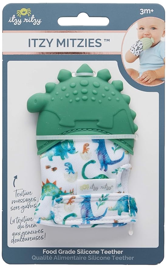 Itzy Ritzy Silicone Teething Mitt - Soothing Infant Teething Mitten w/Adjustable Strap, Crinkle Sound, Textured Silicone, Soothes Sore & Swollen Gums, Baby Teething Toy for 3 Mos & Up, Green Dinosaur