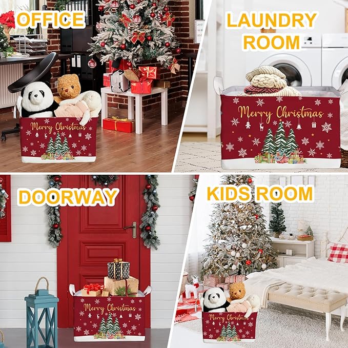 Christmas Tree Storage Basket with Snowflakes, Christmas Decorative Clothes Storage Cube for Nursery , Waterproof Rectangular Toy Box for Boys Girls, Christmas Gifts Storage Box, Winter Party Supply