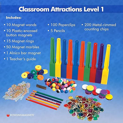 Dowling Magnets Classroom Attractions Comprehensive Magnet Lab: Level 1, Grades PreK-2 (Ages 4-7). Classroom Magnets/Science Kit/STEM Kit/Kids Magnets for Classroom/Science Experiments. Item 731301.