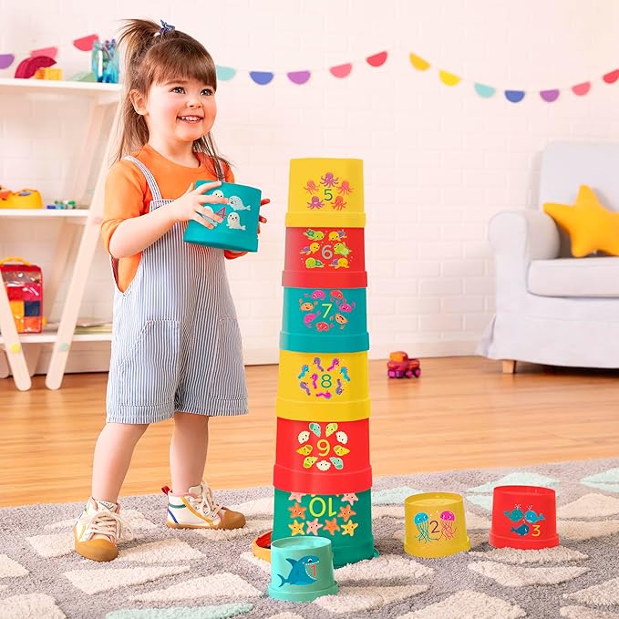 B. toys- Bazillion Buckets- Sort & Stack- 10 Stacking Cups – Numbered Nesting Cups – Bath & Backyard Toys – Educational Play Set for Toddlers, Kids – 18 Months +