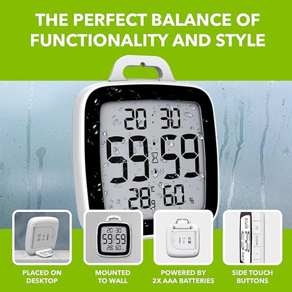 BALDR Digital Bathroom Clock with Timer - Waterproof Shower Clock with Time and Temperature - Waterproof Shower Timer for Kids and Adults - Bathroom Timer, Digital Shower Clocks for Bathroom (Black)