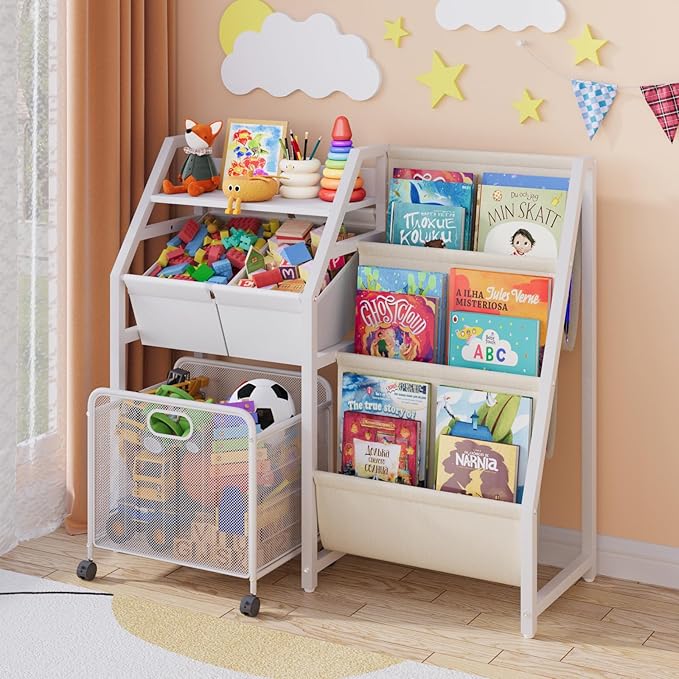 Kids Bookshelf and Toy Storage Organizer - 3 Tier Book Shelf for Kids Rooms with Movable Drawer, Kid Bookcase with 2 Toy Bins, Toddler Baby Childrens Bookshelf, for Bedroom Playroom Classroom (White)