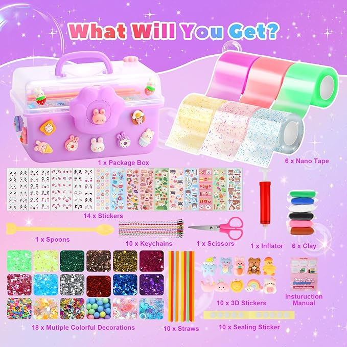 Nano Tape Bubble Kit for Kids with Box, 19.7Ft Nano Tape Squishy Maker with Glitter, Clay, Beads, Stickers and Tutorials, Gifts for Boys Girls Aged 4, 5, 6, 7, 8, 9 Years Old