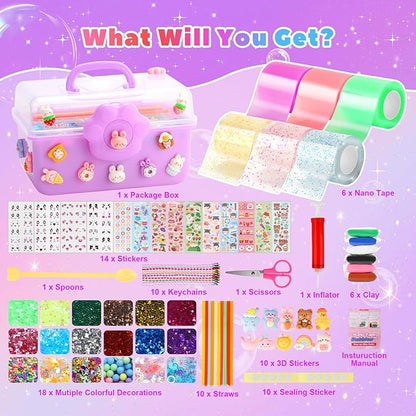 Nano Tape Bubble Kit for Kids with Box, 19.7Ft Nano Tape Squishy Maker with Glitter, Clay, Beads, Stickers and Tutorials, Gifts for Boys Girls Aged 4, 5, 6, 7, 8, 9 Years Old