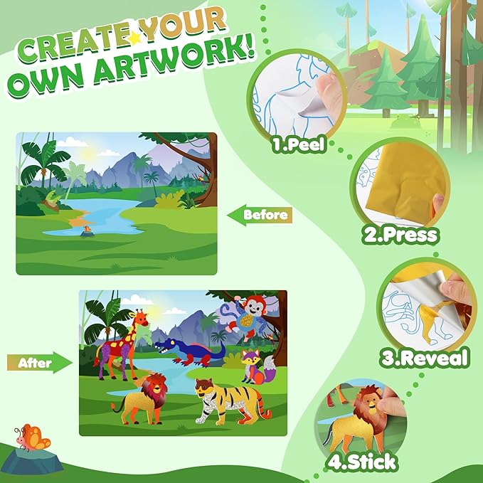 Fun Foil Art Craft Kits, 2 In 1 DIY Dinosaur & Space Creative Sticker Coloring Activity, Travel Toys, Arts and Crafts for Kids 4-6, No Mess Art Craft Supplies, 4 5 6 7 8 9 10 Year Old Boy Girl Gifts