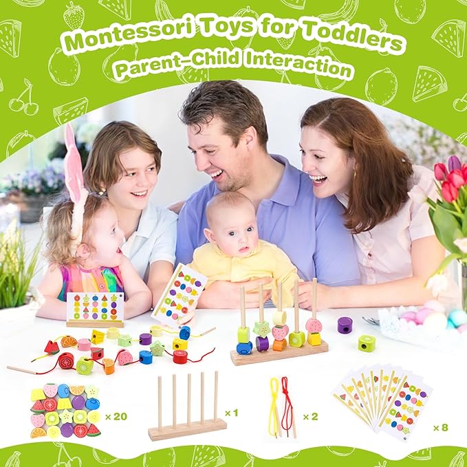 Appoft Montessori Wooden Beads Mastery Kit: Fine Motor Skills Builder for Toddlers 2-5 Stacking Blocks Lacing Beads Travel Learning Toys STEM Gifts for 2 3 4 5 Year Old Boys Girls Toys for Ages 2-4