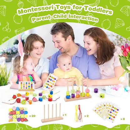 Appoft Montessori Wooden Beads Mastery Kit: Fine Motor Skills Builder for Toddlers 2-5 Stacking Blocks Lacing Beads Travel Learning Toys STEM Gifts for 2 3 4 5 Year Old Boys Girls Toys for Ages 2-4