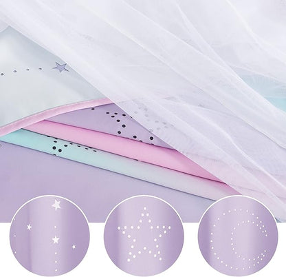NICETOWN Moon Star Curtains for Girls Bedroom Nursery Blackout Decor Light Blocking Sheer Overlay PrincessRainbow Striped Layered Window Curtains, 2 Panels, 52W x 84L, Purple Blue Pink