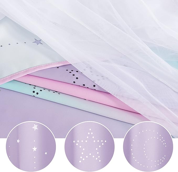 NICETOWN Moon Star Curtains for Girls Bedroom Nursery Blackout Decor Light Blocking Sheer Overlay PrincessRainbow Striped Layered Window Curtains, 2 Panels, 52W x 84L, Purple Blue Pink