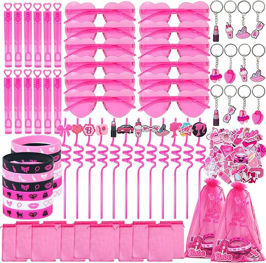122pcs Pink Party Favors for Girls, Pink Girls Birthday Party Favors Kit Keychain Bracelet Bubble Stickers Straws Heart Sunglasses Gift Bag Hot Pink Princess Birthday Party Supplies