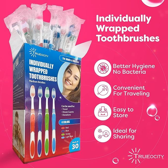 Toothbrushes Bulk Individually Wrapped - 30 Pack, Bulk Toothbrush, Medium BristleToothbrush, Individual Toothbrushes, Multi-Colored Toothbrushes Pack For Adults And Kids, Multi Pack Toothbrushes