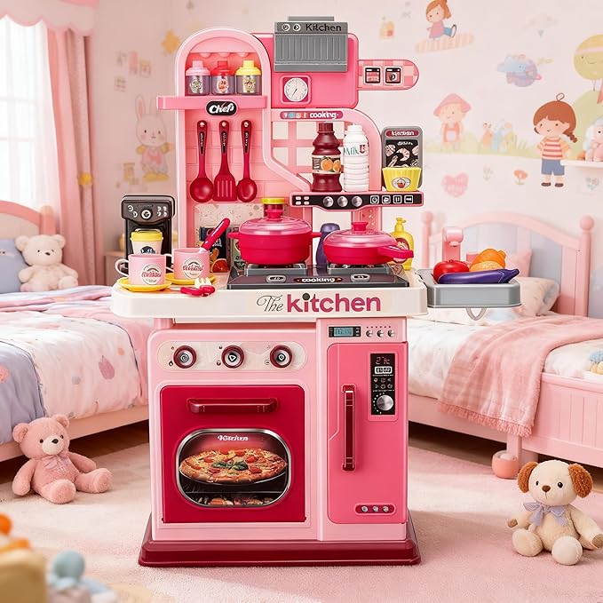 Kids Kitchen Playset-53pcs Cooking Stove,Paly Sink,Oven,Kitchen Toys with Realistic Lights&Sounds，Pretend Play Toys,Kitchen Toys for Toddlers 1 2 3 (Pink)