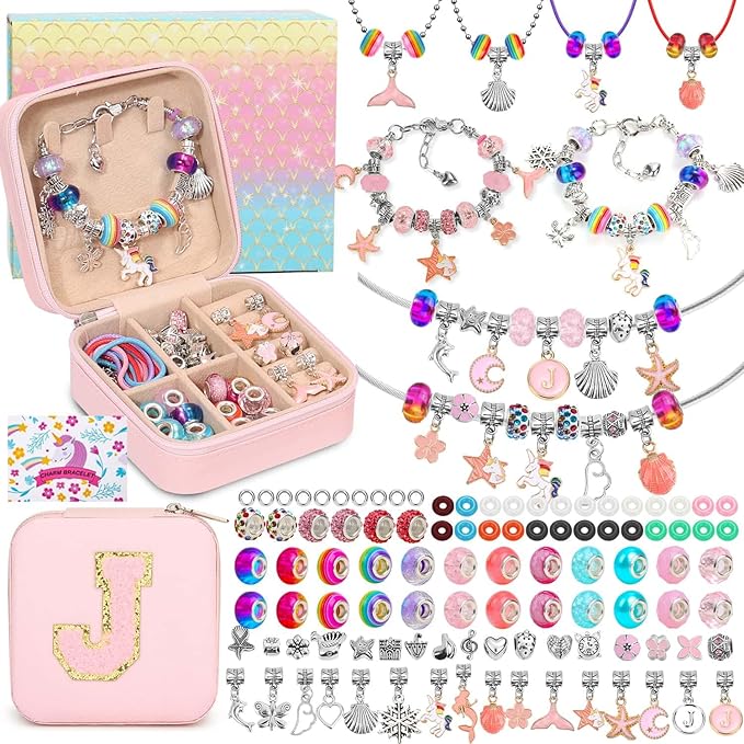 LifeisLuck Charm Jewelry Making Kit, DIY Bracelet Making for Girls, 110 Pcs Jewelry Beads for Girls Craft Gift with Jewelry Organizer Box for Girls Bracelet Maker (J)