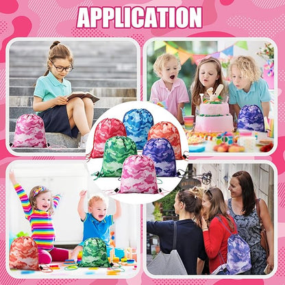 36 Pcs Tie Dye Camouflage Party Kit Camo Drawstring Bag Bulk Camouflage Military Rubber Keychain Silicone Camo Bracelet for Adult Kid Travel Paintball Camping Birthday Party Supplies (Assorted Camo)