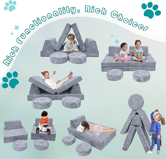 MeMoreCool Glow-in-The-Dark Dog Pattern Kids Play Couch, 8-Piece Modular Fold-Out Toddler Sofa for Playroom Fun
