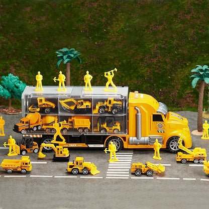 JOYIN 25-in-1 Construction Truck Toy Set with 12 Vehicles & 12 Worker Figures, Push and Go Toy Trucks with Sound and Light, Construction Toys Easter Basket Birthday Gifts for Kids 3 4 5 6 7 Years Old