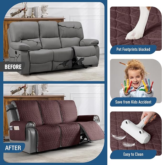 TAOCOCO 100% Waterproof Recliner Sofa Cover-Non Slip Split Couch Covers for Reclining Couches with Elastic Straps,Couch Covers for 3 Cushion Couch Sofa Pet Friendly(Coffee, 3 Seater)