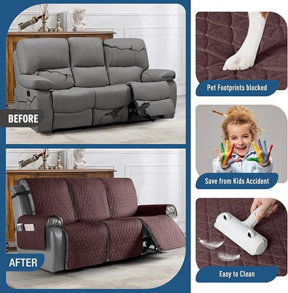 TAOCOCO 100% Waterproof Recliner Sofa Cover-Non Slip Split Couch Covers for Reclining Couches with Elastic Straps,Couch Covers for 3 Cushion Couch Sofa Pet Friendly(Coffee, 3 Seater)