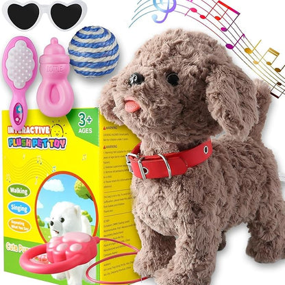 Teddy Walking Barking Dog Toy Singing Puppy Set, Repeat What You Say Teddy with Control Leash Electronic Dog, Touch or Voice Control Realistic Robot Musical Dancing Animated Plush Pet for Toddler