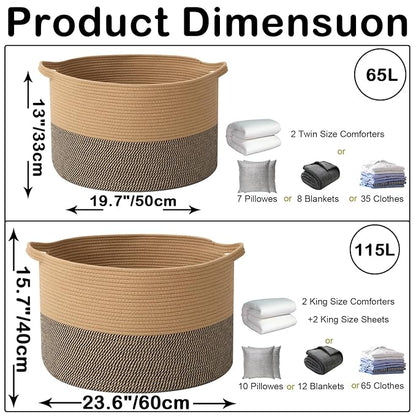 115L Large Blanket Basket,23.6" L x 23.6" W x 15.7" H Rope Woven Baskets with Handles, Toys Storage Bins,Laundry Basket Perfect for Living Room, Nursery,Bedroom,Home Organization,Jute&Black
