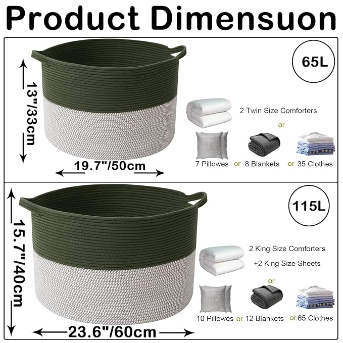 65L Extra Large Woven Cotton Rope Blanket Basket with Handles, Laundry Hamper Storage Bin for Pillows, Comforters,Clothes, Toys, Nursery, Bedroom and Living Room Organization,Green&White