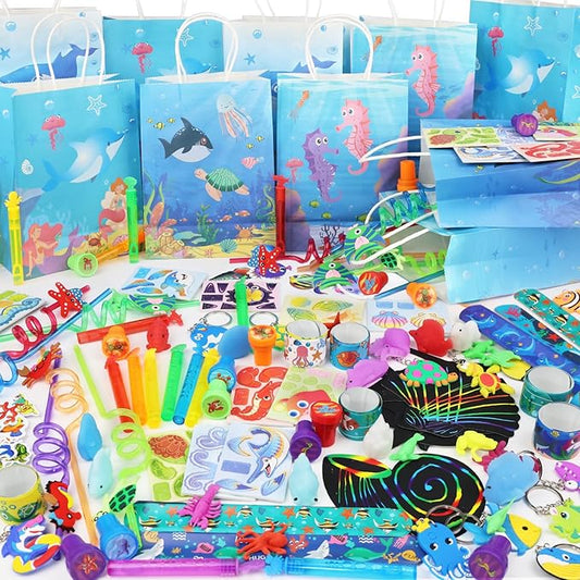 180PCS Under the Sea Party Favors Ocean Theme Party Supplies for Kids – Goodie Bags, Bracelets, Keychains, Stickers, Stamps, Straws, & Toys for Birthday Party Gifts & Classroom Rewards