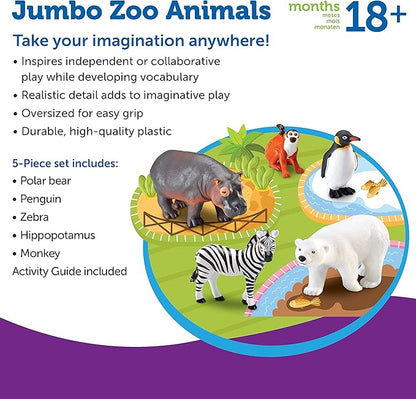 Learning Resources Jumbo Zoo Animals I Monkey, Penguin, Zebra, Polar Bear, and Hippo, 5 Animals, Ages 2+