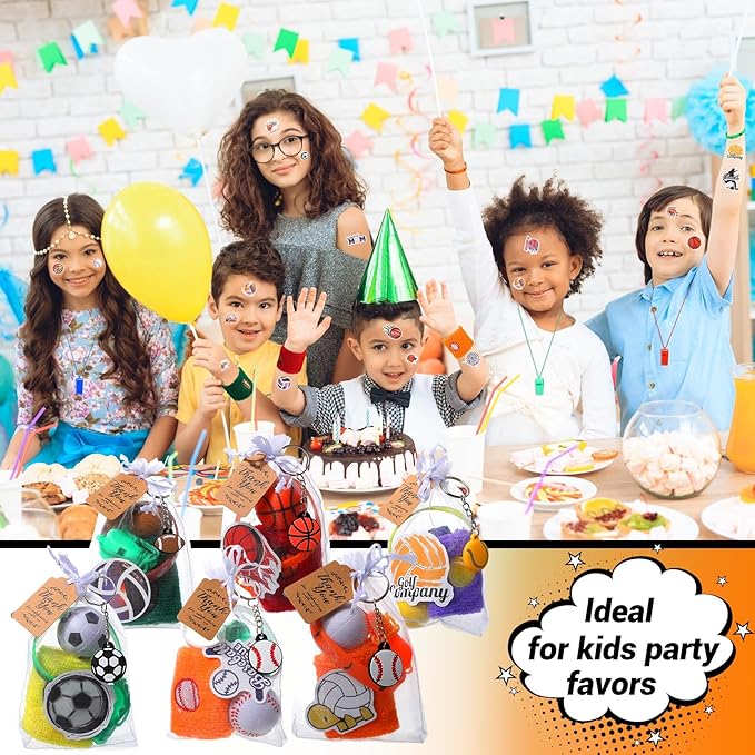 Junkin 176 Pcs Sport Party Favors Sport Party Goodie Bag Fillers Small Sports Balls Sport Wristband Keychains Stickers Bracelet Whistle for Sports Themed Birthday Party Supplies Decoration (Classic)