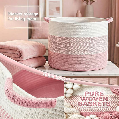 Artfeel 40L Large Cotton Rope Basket, Decorative Woven Blanket Storage for Living Room, Boho Toy Storage & Toy Box for Kids, Versatile Laundry Basket & Nursery Hamper for Blankets(Pink)