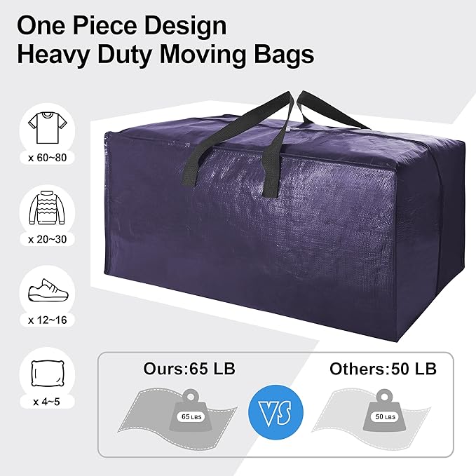 VELVETSURE 6 Pack Heavy Duty Large Moving Bags W/Backpack Straps - Strong Handles & Zippers, Storage Totes, Fold Flat, Alternative to Moving Box and Storage Bin, Semi-Transparent+Blue+Black
