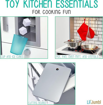 Lil' Jumbl Jumbl Kids Kitchen Set, Pretend Wooden Play Kitchen, Includes Range Hood, Microwave, Stove Top, Oven That Make Realistic Sound & Light, Pots, Pan, Cutting Board & Utensils Included,