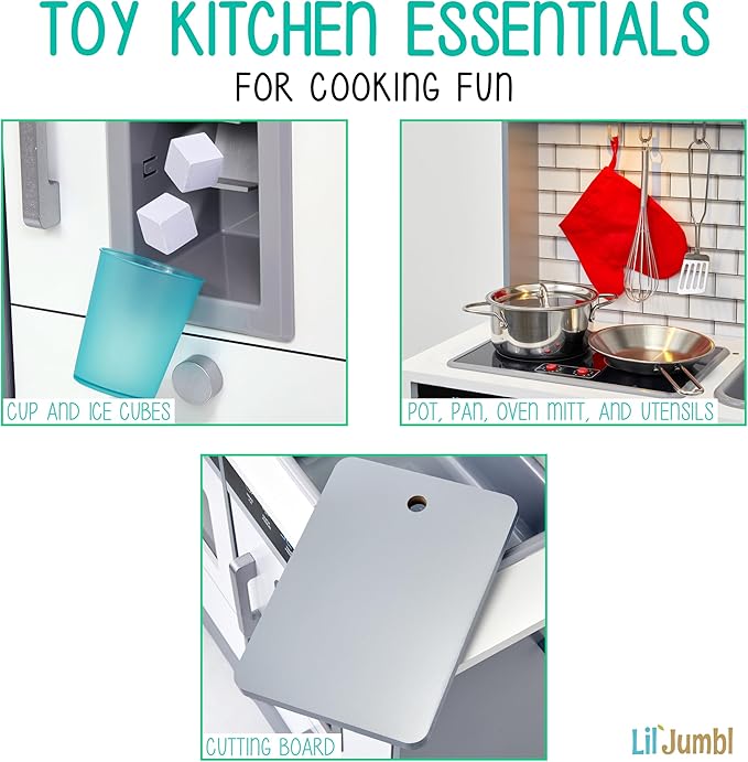 Lil' Jumbl Jumbl Kids Kitchen Set, Pretend Wooden Play Kitchen, Includes Range Hood, Microwave, Stove Top, Oven That Make Realistic Sound & Light, Pots, Pan, Cutting Board & Utensils Included,