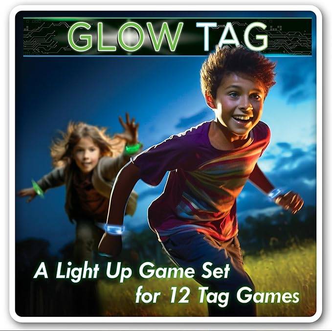 Starlux Games Glow Tag - an Outdoor Night Game for Kids | Ages 5+ | Includes 12 Light Up Bracelets & 12 Tag Games (Flashlight Tag, Freeze Tag & More) | Glow Games | Glow in The Dark Outdoor Toys
