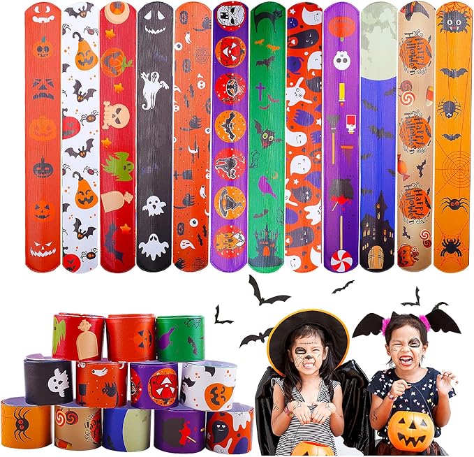 Halloween Bracelets for Kids, 36 Pcs Halloween Slap Bracelets Bulk, Halloween Party Favors Toys for Kids, 12 Different Design Bracelets Bulk for Party Favors and Supplies, Halloween Treat Bags Gifts