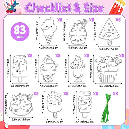 JAPBOR Ice Cream Coloring Craft - 83PCS Summer Ice Cream Themed Party Activities Game Kits for Kids, Color Your Own DIY Desserts Art Cards Hanging Ornament, Draw Paper Book School Activity Party Favor
