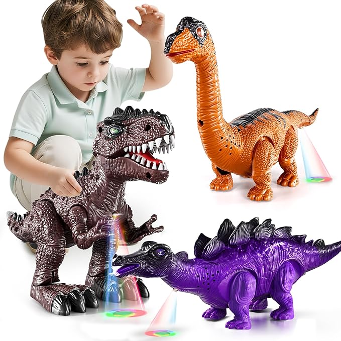 Lucky Doug 3 Pack Electric Realistic Dinosaur Toys with Simulated Sounds ＆ Lights for Boys Kids Aged 3 4 5 Years Old - Perfect Jurassic Tyrannosaurus Rex Gift for Birthday 3-5 Years
